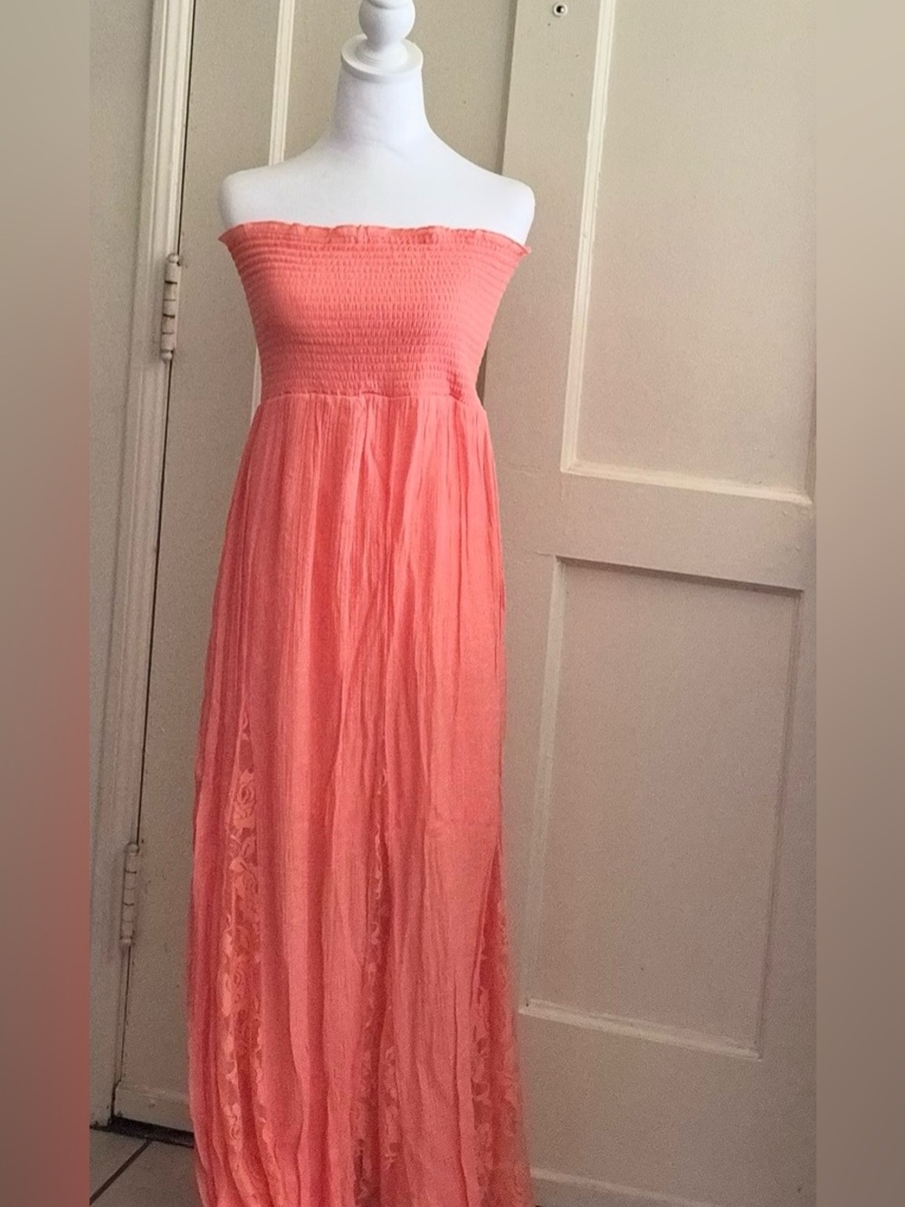 Venus  Coral Strapless Smoked Long Maxi Dress Lace Panels